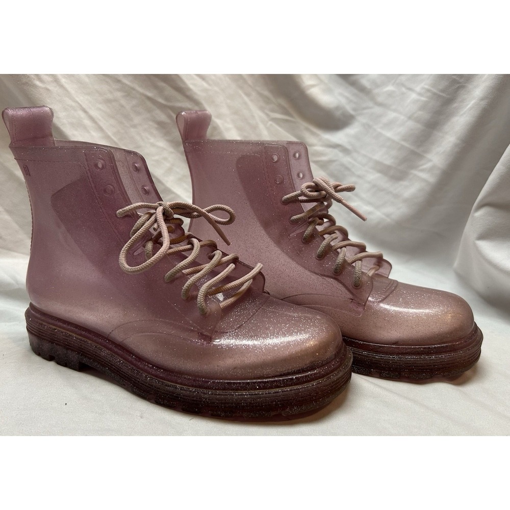 Mini Melissa Purple Glitter Translucent Combat Boots Girls Size 4 Y2K Whimsy
